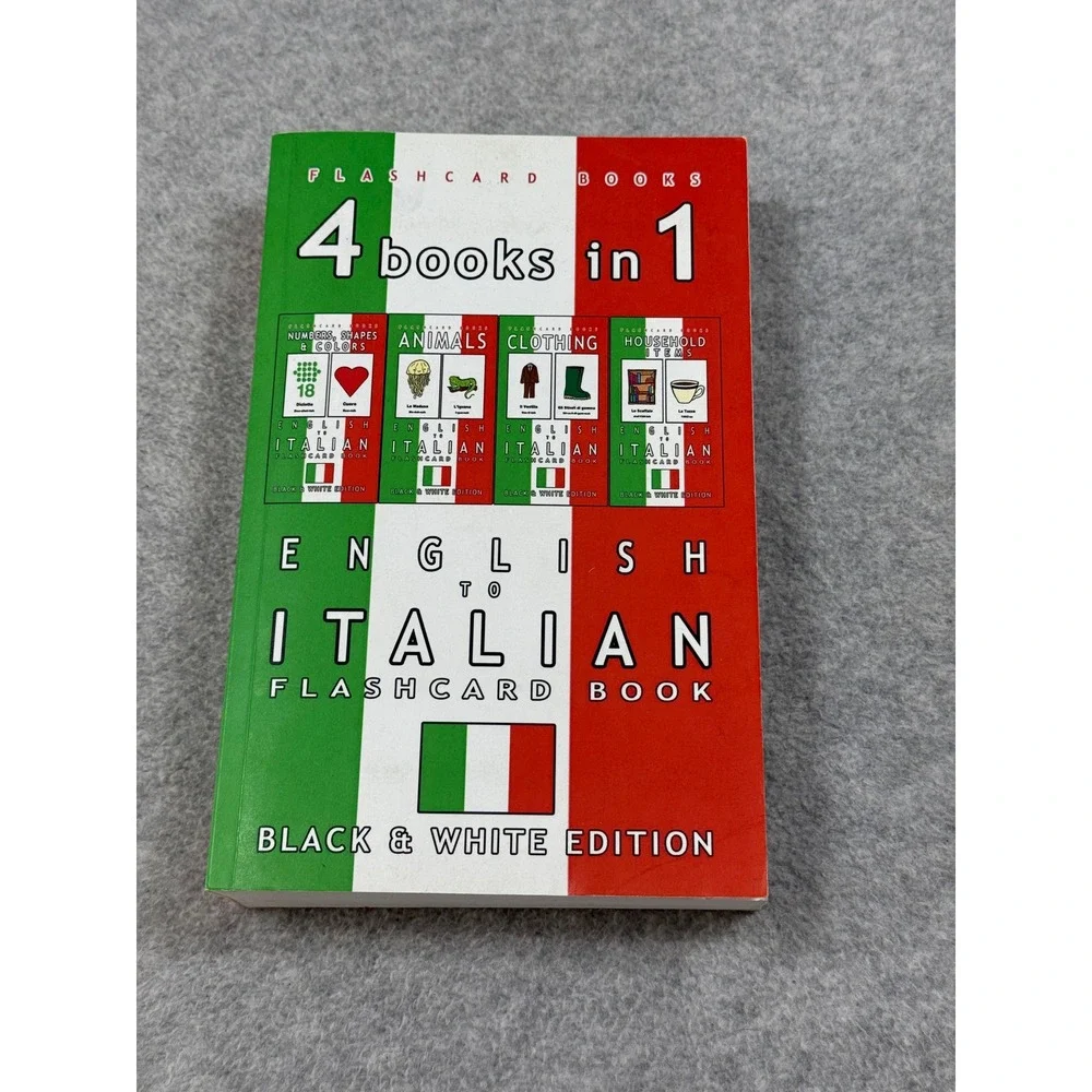 English to Italian Flashcard Book 4 Books in 1 Black & White Edition Paperback